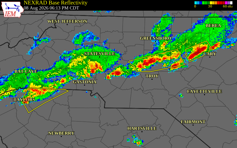 NEXRAD radar during the Saturday, August 8, 2026 storm activity in Cabarrus County, North Carolina