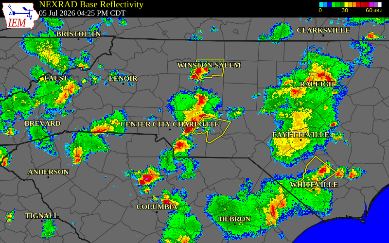 Radar snapshot during the Jul 5, 2026 tornado event near 4 SW Mount Pleasant, Cabarrus County, North Carolina, with NWS warning polygons