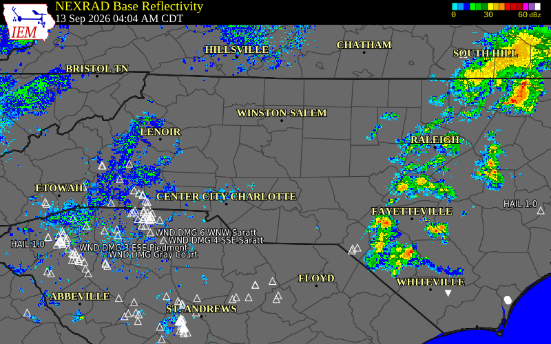 Current NEXRAD radar over Cabarrus County, North Carolina with recent storm report locations