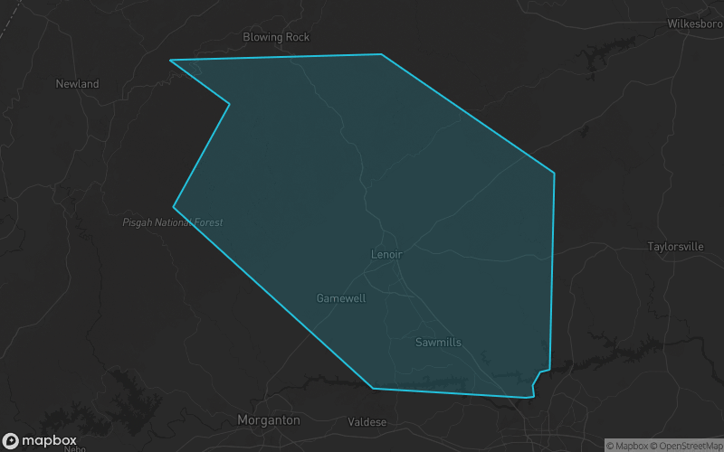 Map of Caldwell County, North Carolina showing the county boundary and surrounding cities