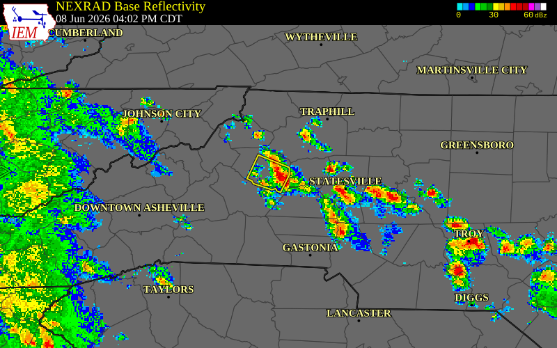 NEXRAD radar during the Monday, June 8, 2026 storm activity in Caldwell County, North Carolina