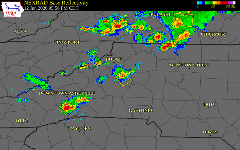 NEXRAD radar during the Friday, June 12, 2026 storm activity in Caldwell County, North Carolina