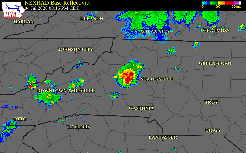 NEXRAD radar during the Saturday, July 4, 2026 storm activity in Caldwell County, North Carolina