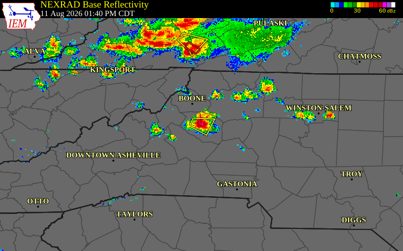 NEXRAD radar during the Tuesday, August 11, 2026 storm activity in Caldwell County, North Carolina