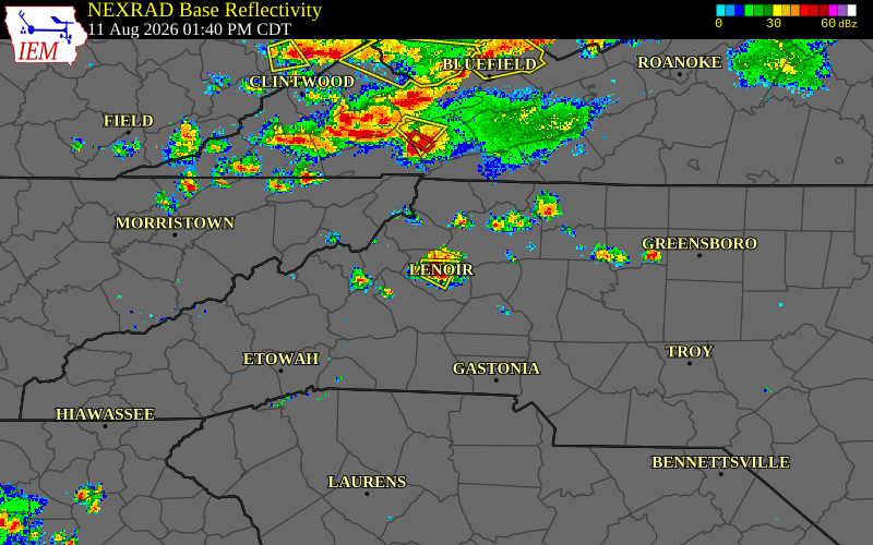 Radar snapshot during the Aug 11, 2026 hail event near 1 SSW Patterson, Caldwell County, North Carolina, with NWS warning polygons