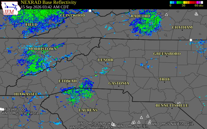 Current NEXRAD radar over Caldwell County, North Carolina with recent storm report locations
