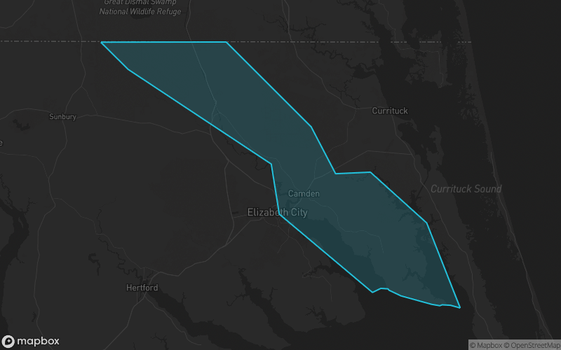 Map of Camden County, North Carolina showing the county boundary and surrounding cities
