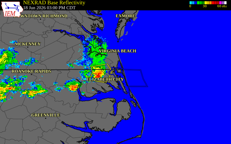 NEXRAD radar during the Thursday, June 18, 2026 storm activity in Camden County, North Carolina