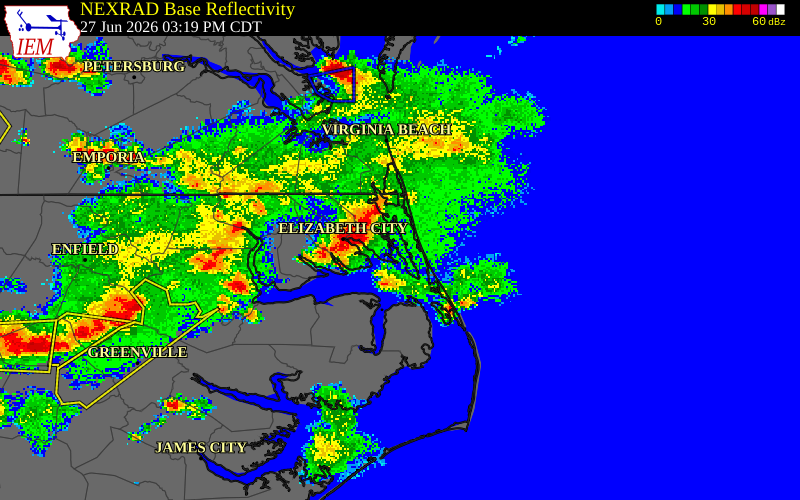 NEXRAD radar during the Saturday, June 27, 2026 storm activity in Camden County, North Carolina