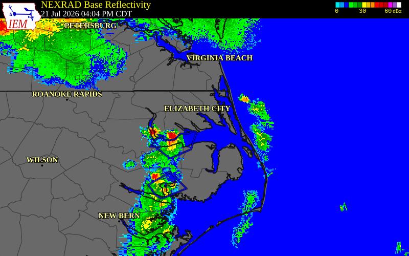 NEXRAD radar during the Tuesday, July 21, 2026 storm activity in Camden County, North Carolina
