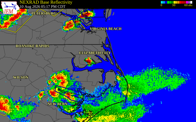 NEXRAD radar during the Monday, August 10, 2026 storm activity in Camden County, North Carolina