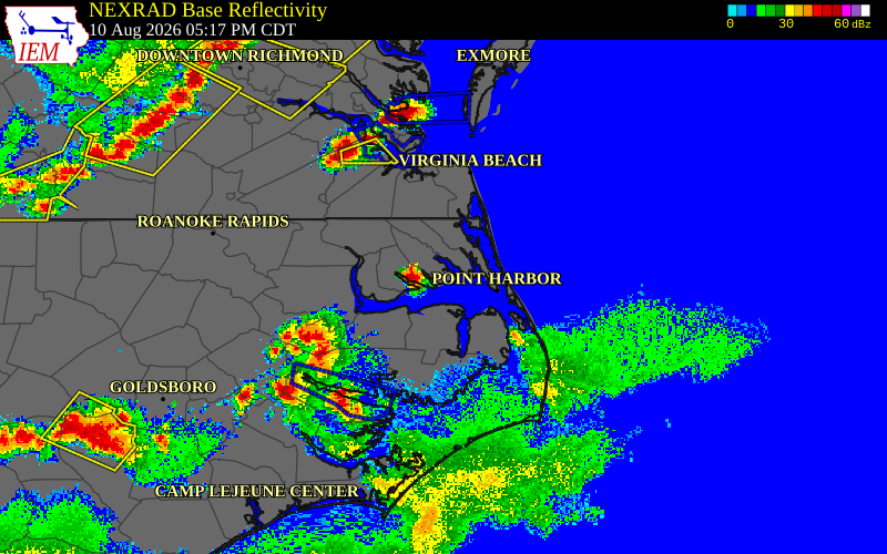 Radar snapshot during the Aug 10, 2026 wind event near Camden County, Camden County, North Carolina, with NWS warning polygons