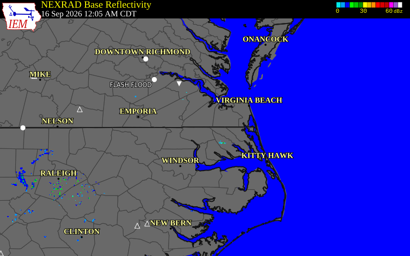 Current NEXRAD radar over Camden County, North Carolina with recent storm report locations