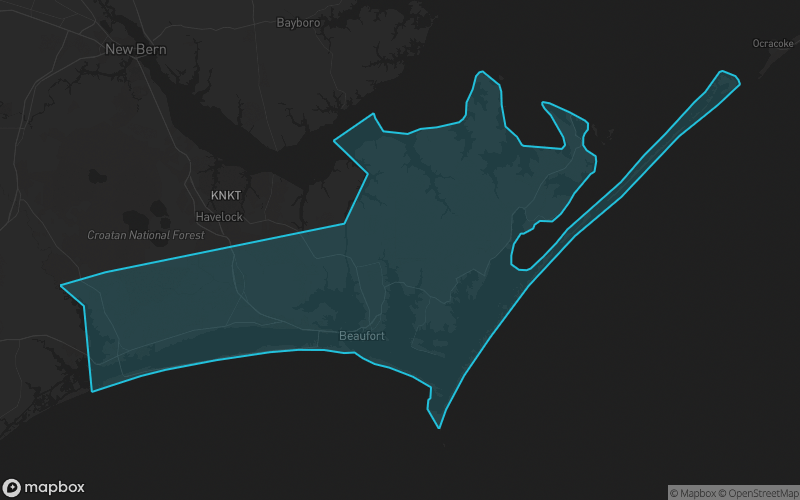 Map of Carteret County, North Carolina showing the county boundary and surrounding cities