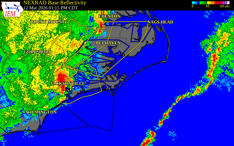 NEXRAD radar during the Thursday, March 12, 2026 storm activity in Carteret County, North Carolina