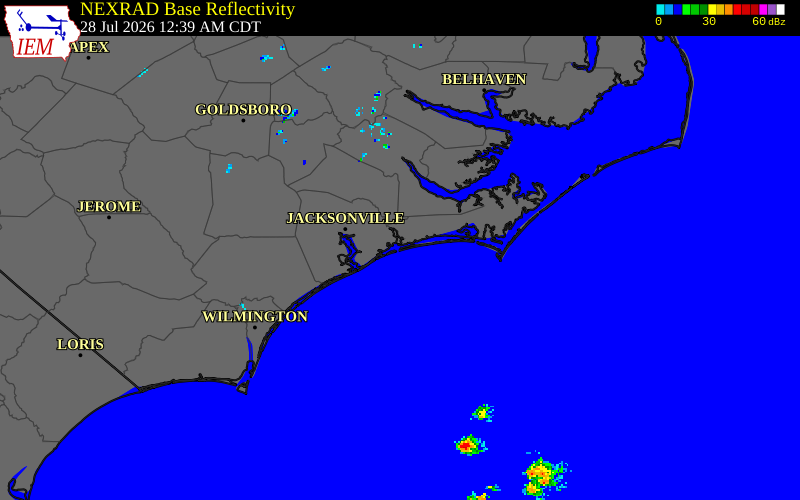 NEXRAD radar during the Tuesday, July 28, 2026 storm activity in Carteret County, North Carolina