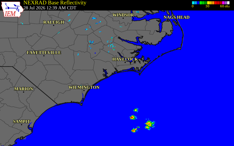 Radar snapshot during the Jul 28, 2026 wind event near 2 SSW Cedar Point, Carteret County, North Carolina, with NWS warning polygons