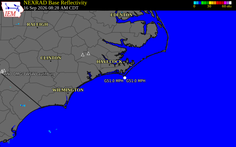 Current NEXRAD radar over Carteret County, North Carolina with recent storm report locations