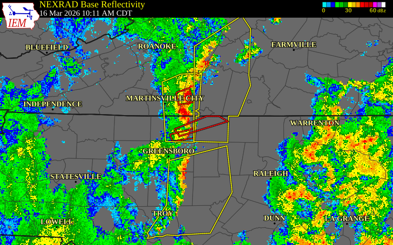 NEXRAD radar during the Monday, March 16, 2026 storm activity in Caswell County, North Carolina