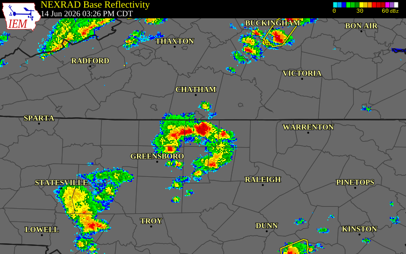 NEXRAD radar during the Sunday, June 14, 2026 storm activity in Caswell County, North Carolina