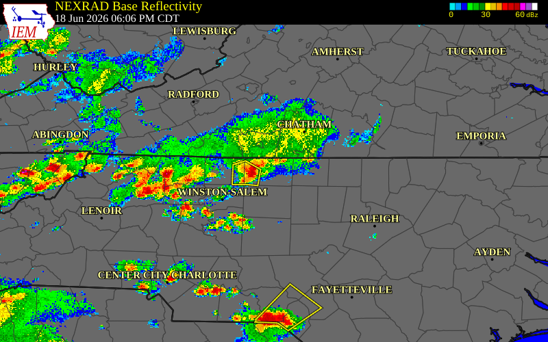 Radar snapshot during the Jun 18, 2026 wind event near Caswell County, Caswell County, North Carolina, with NWS warning polygons