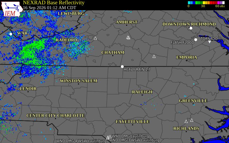 Current NEXRAD radar over Caswell County, North Carolina with recent storm report locations