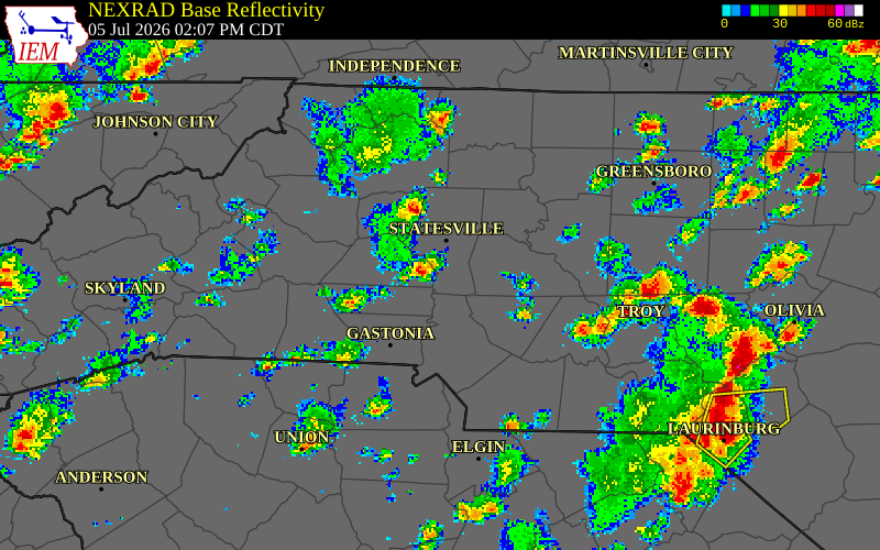 NEXRAD radar during the Sunday, July 5, 2026 storm activity in Catawba County, North Carolina