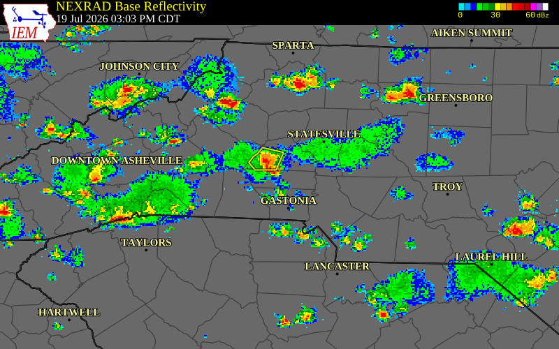 NEXRAD radar during the Sunday, July 19, 2026 storm activity in Catawba County, North Carolina