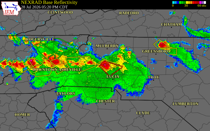 Radar snapshot during the Jul 28, 2026 wind event near 2 E Saint Stephens, Catawba County, North Carolina, with NWS warning polygons