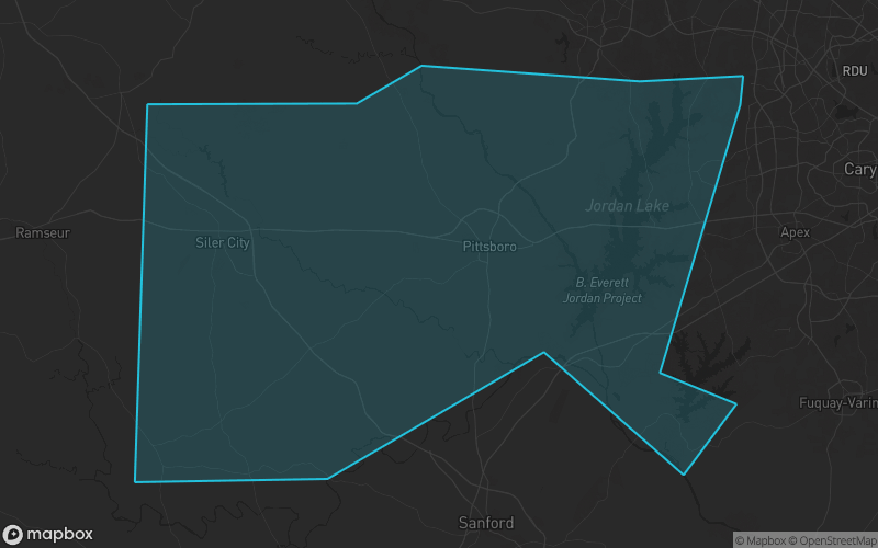Map of Chatham County, North Carolina showing the county boundary and surrounding cities