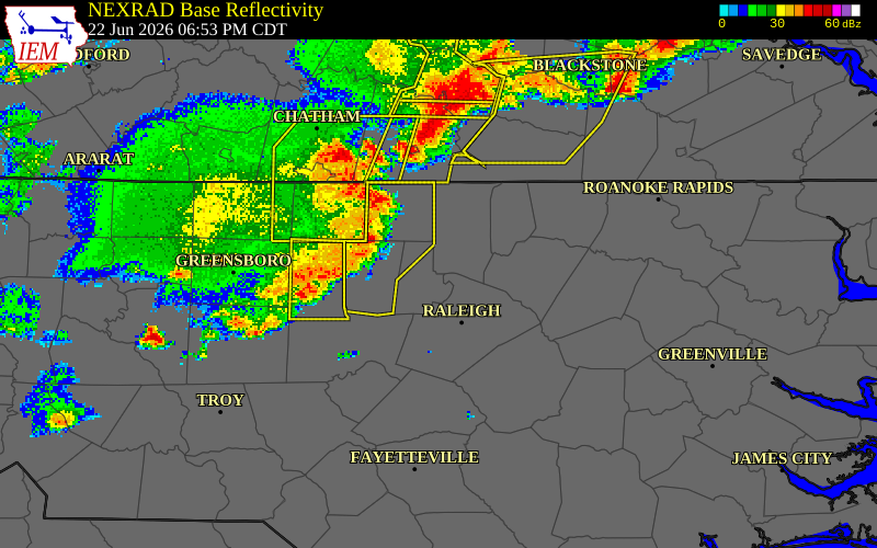 NEXRAD radar during the Monday, June 22, 2026 storm activity in Chatham County, North Carolina