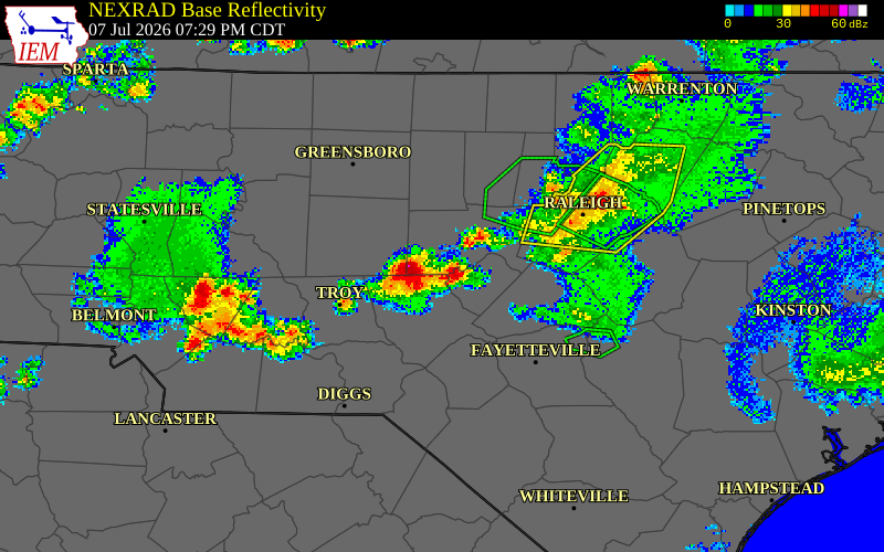 NEXRAD radar during the Tuesday, July 7, 2026 storm activity in Chatham County, North Carolina