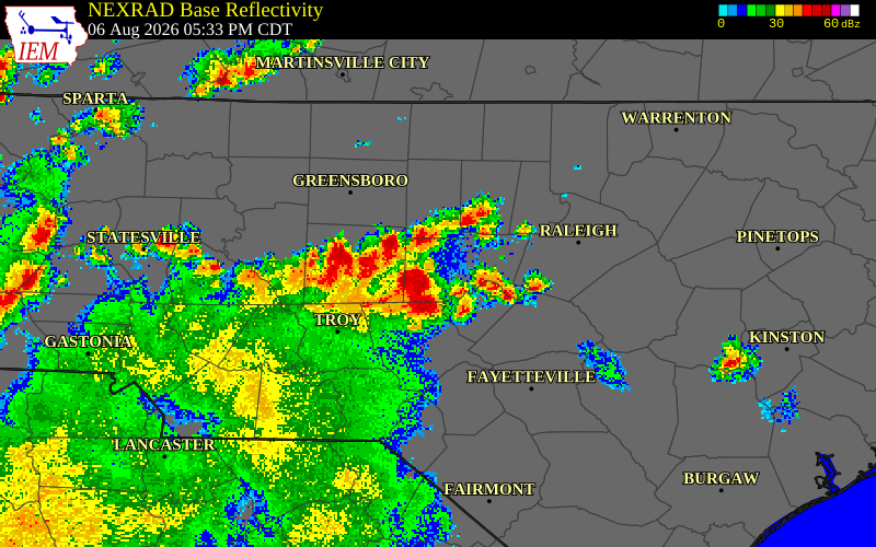 NEXRAD radar during the Thursday, August 6, 2026 storm activity in Chatham County, North Carolina