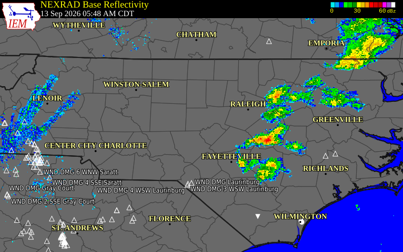 Current NEXRAD radar over Chatham County, North Carolina with recent storm report locations