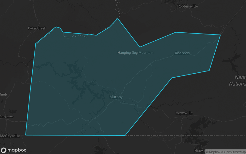 Map of Cherokee County, North Carolina showing the county boundary and surrounding cities