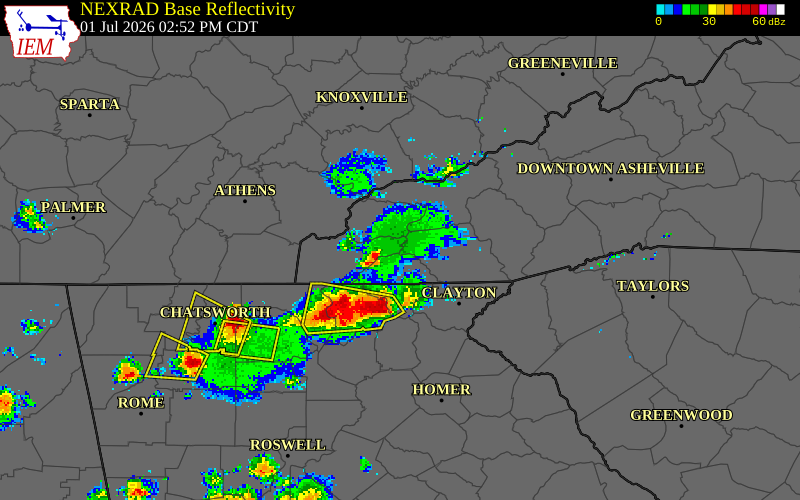 NEXRAD radar during the Wednesday, July 1, 2026 storm activity in Cherokee County, North Carolina