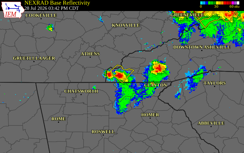 NEXRAD radar during the Tuesday, July 28, 2026 storm activity in Cherokee County, North Carolina