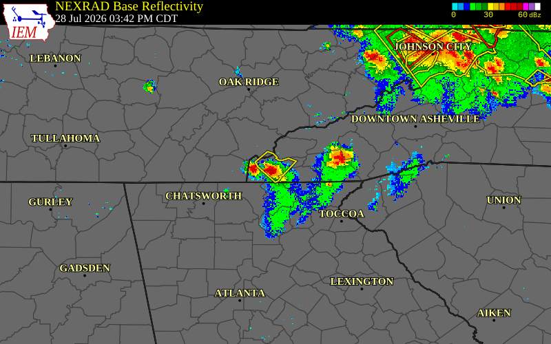 Radar snapshot during the Jul 28, 2026 hail event near 1 NE Murphy, Cherokee County, North Carolina, with NWS warning polygons