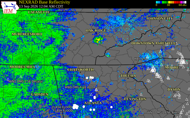 Current NEXRAD radar over Cherokee County, North Carolina with recent storm report locations