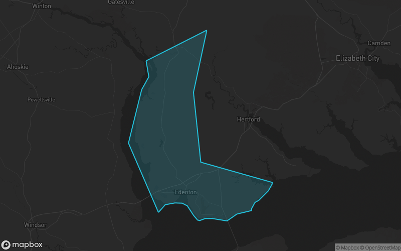 Map of Chowan County, North Carolina showing the county boundary and surrounding cities
