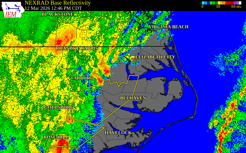 NEXRAD radar during the Thursday, March 12, 2026 storm activity in Chowan County, North Carolina
