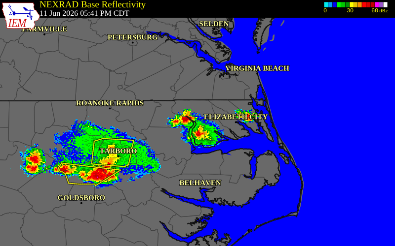 NEXRAD radar during the Thursday, June 11, 2026 storm activity in Chowan County, North Carolina