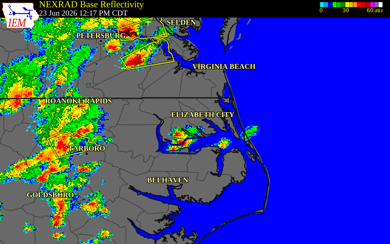 NEXRAD radar during the Tuesday, June 23, 2026 storm activity in Chowan County, North Carolina