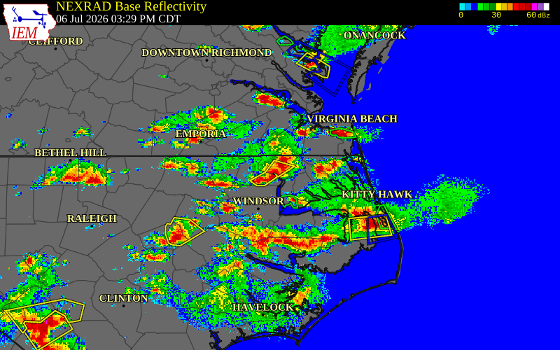Radar snapshot during the Jul 6, 2026 wind event near Chowan County, Chowan County, North Carolina, with NWS warning polygons