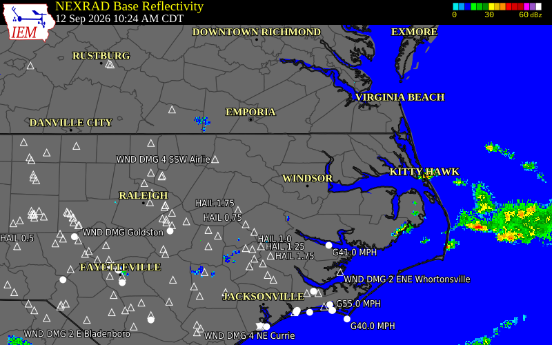 Current NEXRAD radar over Chowan County, North Carolina with recent storm report locations