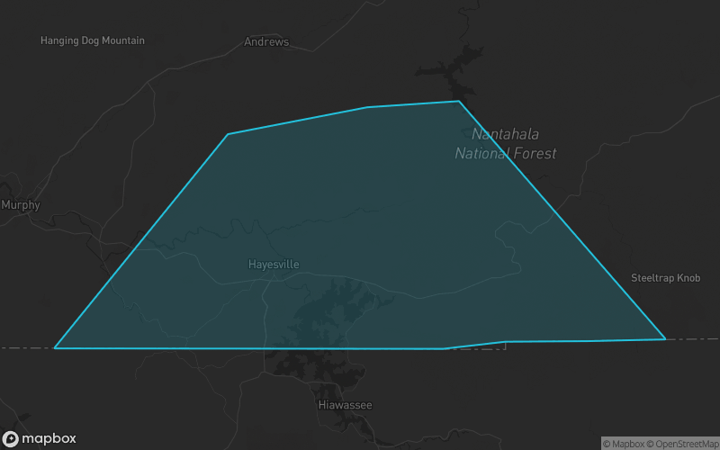 Map of Clay County, North Carolina showing the county boundary and surrounding cities