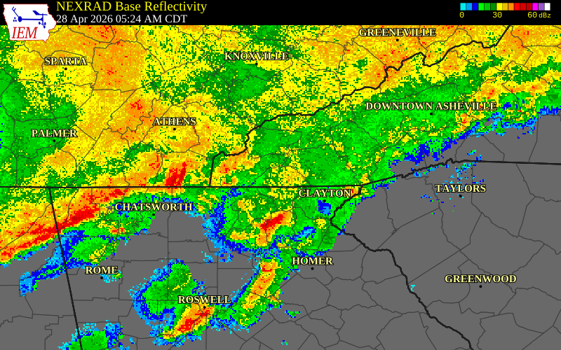 NEXRAD radar during the Tuesday, April 28, 2026 storm activity in Clay County, North Carolina
