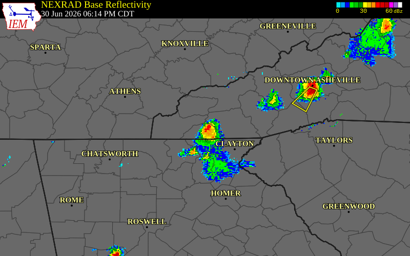 NEXRAD radar during the Tuesday, June 30, 2026 storm activity in Clay County, North Carolina