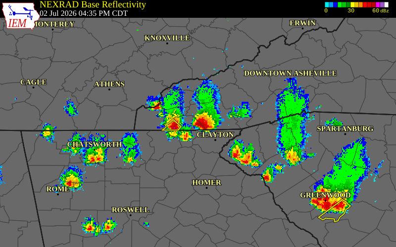 NEXRAD radar during the Thursday, July 2, 2026 storm activity in Clay County, North Carolina