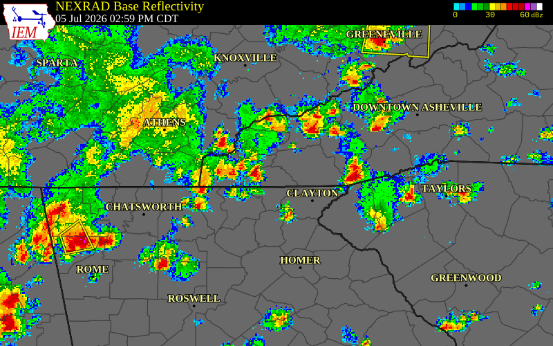 NEXRAD radar during the Sunday, July 5, 2026 storm activity in Clay County, North Carolina
